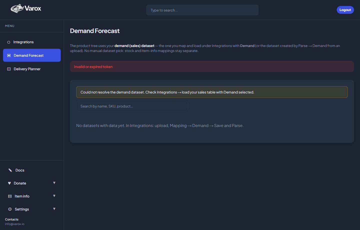 Varox web app: Demand Forecast — sidebar, top bar, and product tree search.