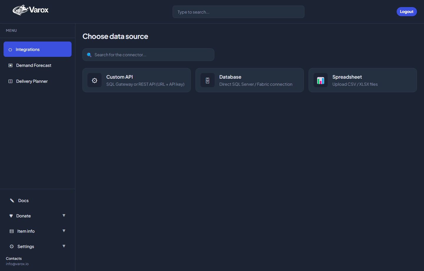 Varox web app: Integrations — connectors, uploads, and datasets.