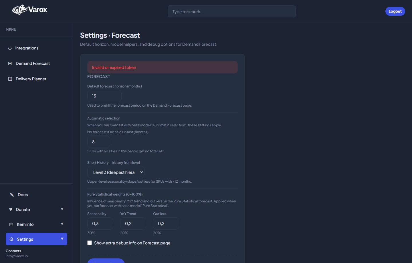 Varox web app: Settings — forecast defaults and workspace preferences.